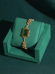 Vintage Green Glass Bracelet Charm Lion Woman Gold Plated Luxury Designe Jewelry
