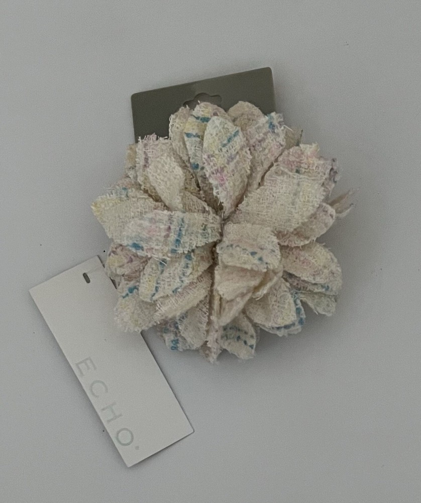 Vintage 90s ECHO 4.25” Fabric Flower Pin Brooch Pony Holder Combo • Ivory/Multi