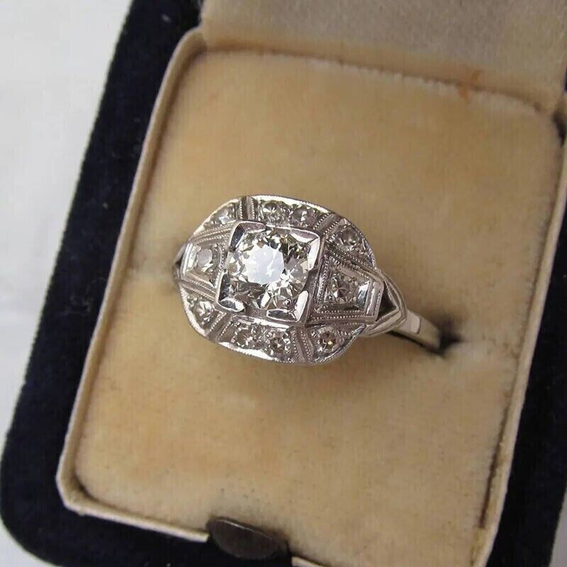 Art Deco Round Cut Lab Created Diamond Anniversary 14K White Gold Filled Ring