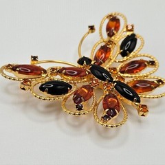 VINTAGE Black and Amber Glass Rhinestone Large Butterfly Brooch Pin Pendant