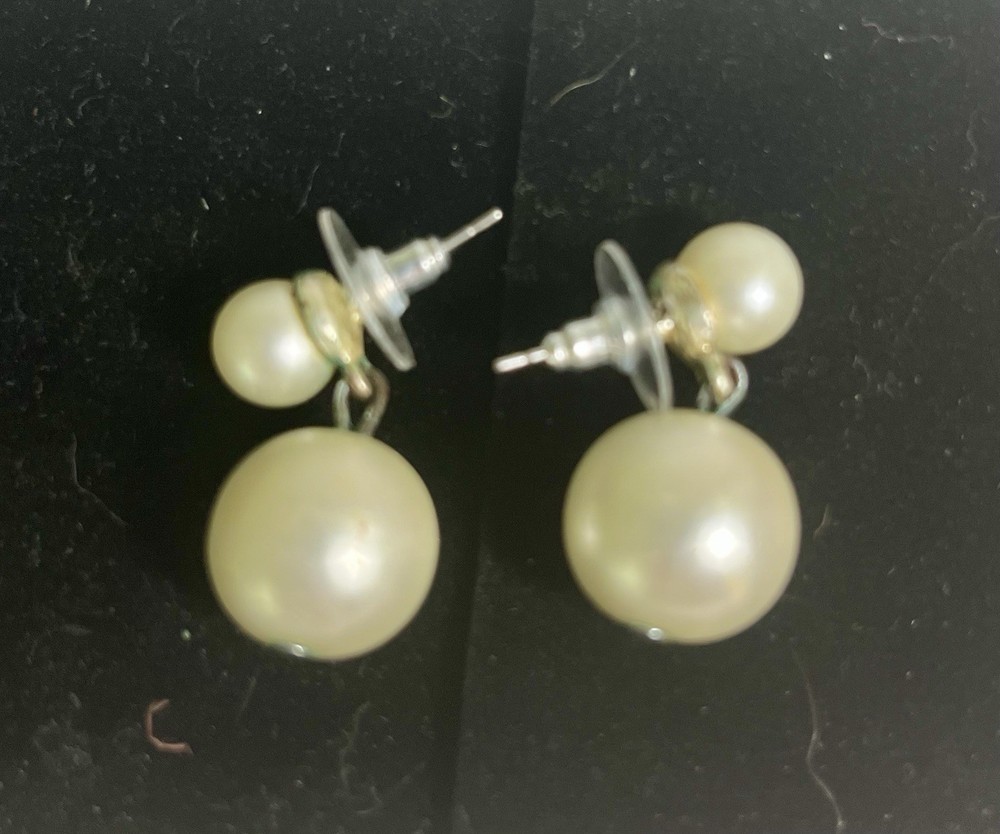 Double Pearl Drop Dangle Earrings White Faux Pearl Post Back VTG Style Old Money