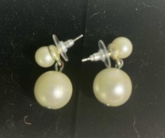 Double Pearl Drop Dangle Earrings White Faux Pearl Post Back VTG Style Old Money