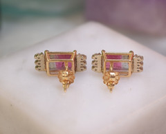 Vintage 14K Gold 5.50 ct Watermelon Tourmaline Diamond Earrings