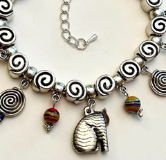 Hand Crafted Bracelet W/Genuine Laurel Burch Cat Charm~ Add a Bead/Adjustable