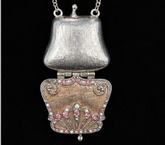Vintage VCLM Enamel and Rhinestone Handbag Purse Locket Chain Necklace