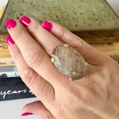 Vintage Rutilated Quartz Oval Statement Ring Gold Tone Cocktail Band Size 8