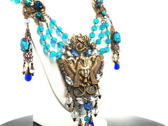 Czech Art Glass Necklace Gold Egyptian Motif Blue Drops Statement Jewelry