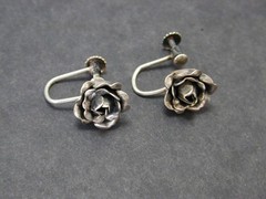 Vtg 835 Silver 3D Rose Bracelet Brooch Screw Back Earrings 3 pc Set Pin European