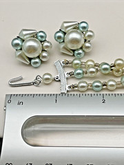 Vintage 3 Strand Pastel Blue Pearl Choker Necklace & Cluster Bead Earrings Set