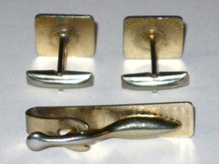 Vintage GOLDTONE Engraved WAVE Design CUFFLINK & Tie Clasp/TIE BAR CLIP Set!