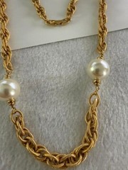 Vintage Napier Gold Tone Faux Pearl Station Chain Necklace 36″