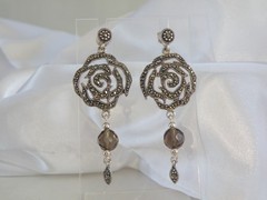 Vintage Sterling Silver 925 Floral Smoky Quartz Marcasite Drop Dangle Earrings