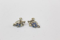 Clip On Earrings Silver-Tone Alloy With Clear & Blue Stones Vintage