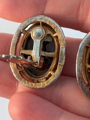 Vintage Faux Tiger Eye Seleni Gold Tone Clip Earrings Chunky Honey Brown Swirl