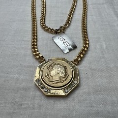 VTG NWT LISNER Runway Statement Roman Coin Rhinestone Medallion Necklace 28” .