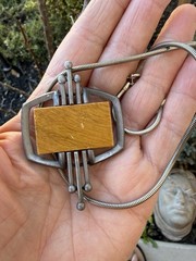 Vintage Mid Century Modern Silver Plate & Wood Gold Crown Inc Pendant Necklace