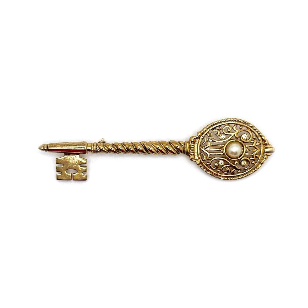 Vintage Key Bar Pin Gold Tone Faux Stones Skirt Kilt Collar Pin Costume JJ