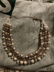 Faux Pearl Jewelry Set 4 Row Cowl Necklace Wide Cuff Bracelet Heavy Glass Beads