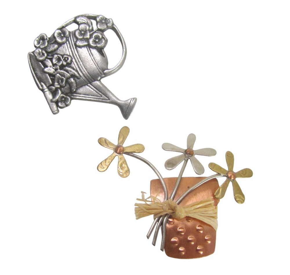Vintage Birds & Bloom Brooch set Silver watering can Copper Flower Pot Gardening