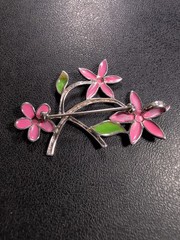 Pink and Green Flowers Sterling Pendant Brooch Spring – 2.5″ – 9.1 g – signed