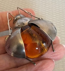 Vintage Baltic Amber Insect Brooch 925 Sterling Silver 3D Figural Big Bee Bug