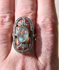 Antique Aquamarine And Rose Cut Diamond 18k And Silver Topped Ring.