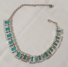 Vintage 50s Or 60s Charel Thermoset Moonglow Necklace Square Link Teal/Turquoise