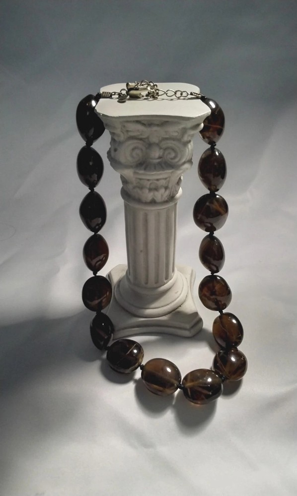 Vtg Chunky Smoky Quartz With Rutilated Inclusions Knotted Beaded 16″ Necklace