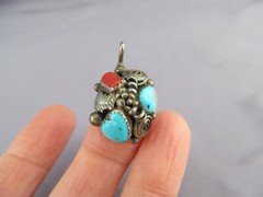 VINTAGE OLD PAWN STERLING NAVAJO LUCY C. CLUSTER BRANCH CORAL TURQUOISE PENDANT