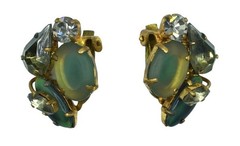 Vintage West Germany Earrings Shades of Green Rhinestones Blue Signed Jewelry