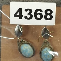 Turquoise Color Cabochon Dangle Earrings Leverback Southwestern Style Silvertone