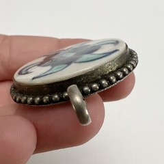 Vintage Blue Flower Ceramic Pottery Tile Round Silvertone Framed Pendant