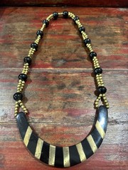 Vintage 80s India Brass Inlay Statement Collar Bovine Bone Horn Necklace 88g