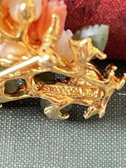 Vtg Signed SWOBODA Flower Basket Pin Brooch w/ Carved Natural Coral and Jade