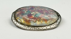Antique Sterling Silver Oval Glass Cabochon Faux Fire Opal Brooch Victorian