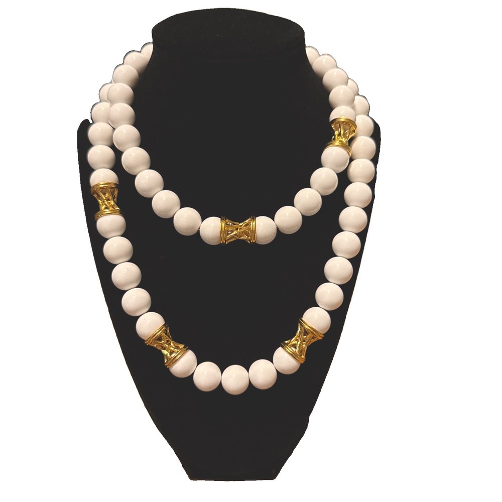 VTG Monet Bead Station Necklace, Chunky White Beads Gold Tone Metal Link 36”