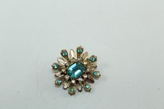 Vintage Brooch Floral Design Pin Silver-tone Alloy With Blue & Clear Stones