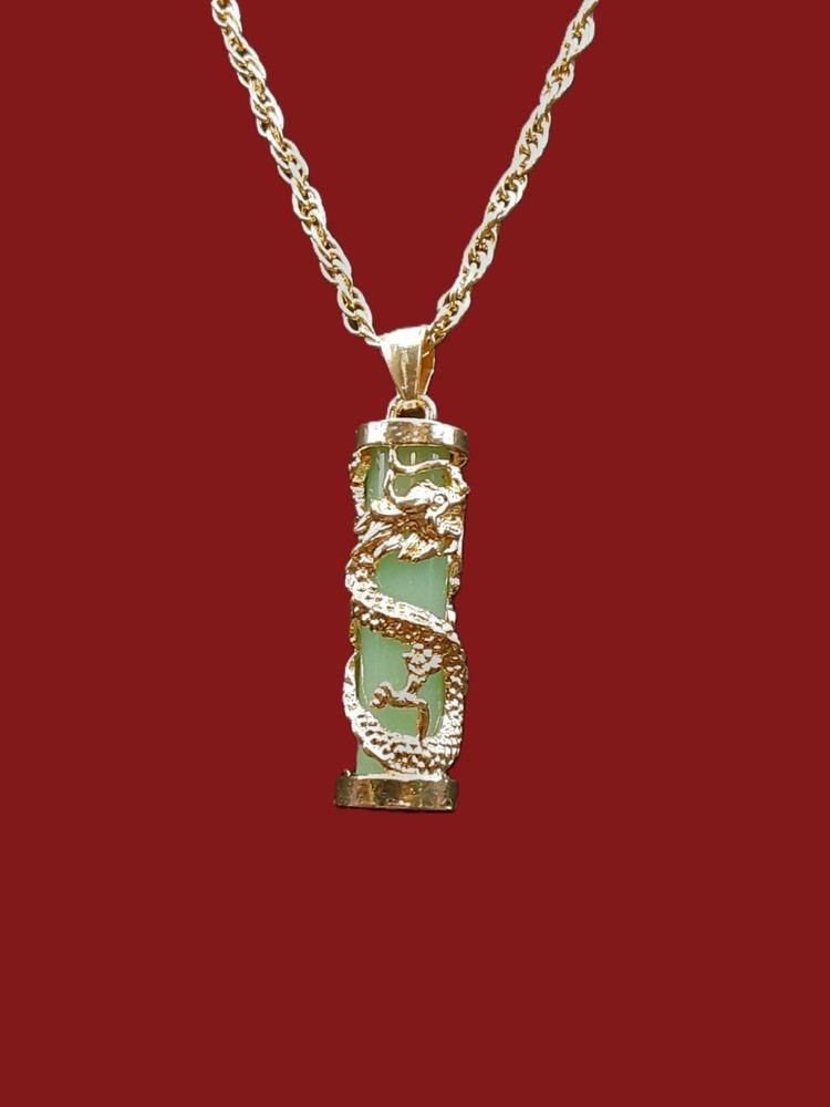 Oriental Faux Green Jade Dragon Pillar Necklace w/18” Gold Tone Curb Chain