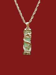 Oriental Faux Green Jade Dragon Pillar Necklace w/18” Gold Tone Curb Chain