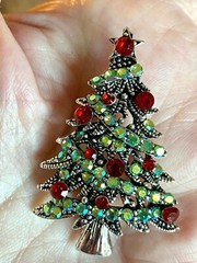 Green AB Rhinestone Christmas Tree Brooch 1.8X1.2 inches