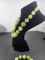 Vintage Acrylic Bead Necklace And Bracelet Lime Green White Gold Crackle Effect