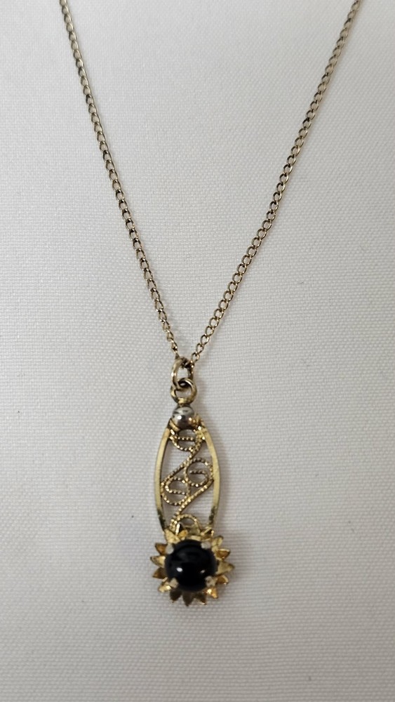 Vintage 12/20 GF “JJJ” Floral Filigree Pendant With Black Stone 22″ Necklace