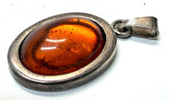 Vintage Sterling Silver 925 Baltic Amber Oval Pendant Cognac Honey Modernist