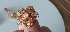 WOW Vintage Faux Pearl Pink Fire Opal Rhineston Brooch Pin & Screwback Earrings