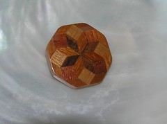 Vintage Wood Mosiac Flower Octagon Pin Brooch – just under 1.25 inches in