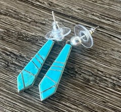 Calvin Begay Turquoise Inlay Dangle Earrings Native American Sterling Silver #8
