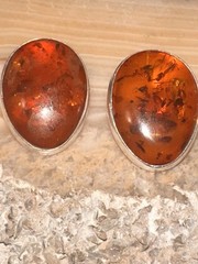 Vintage Pre- Historic Amber Sterling Silver Oval Clip-On Earrings TW. 6 Grams