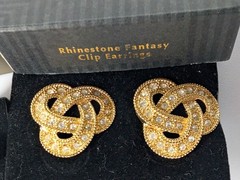 Vtg New Avon Rhinestone Fantasy Center Rhinestone Knot CLIP Earrings Lot 1990s