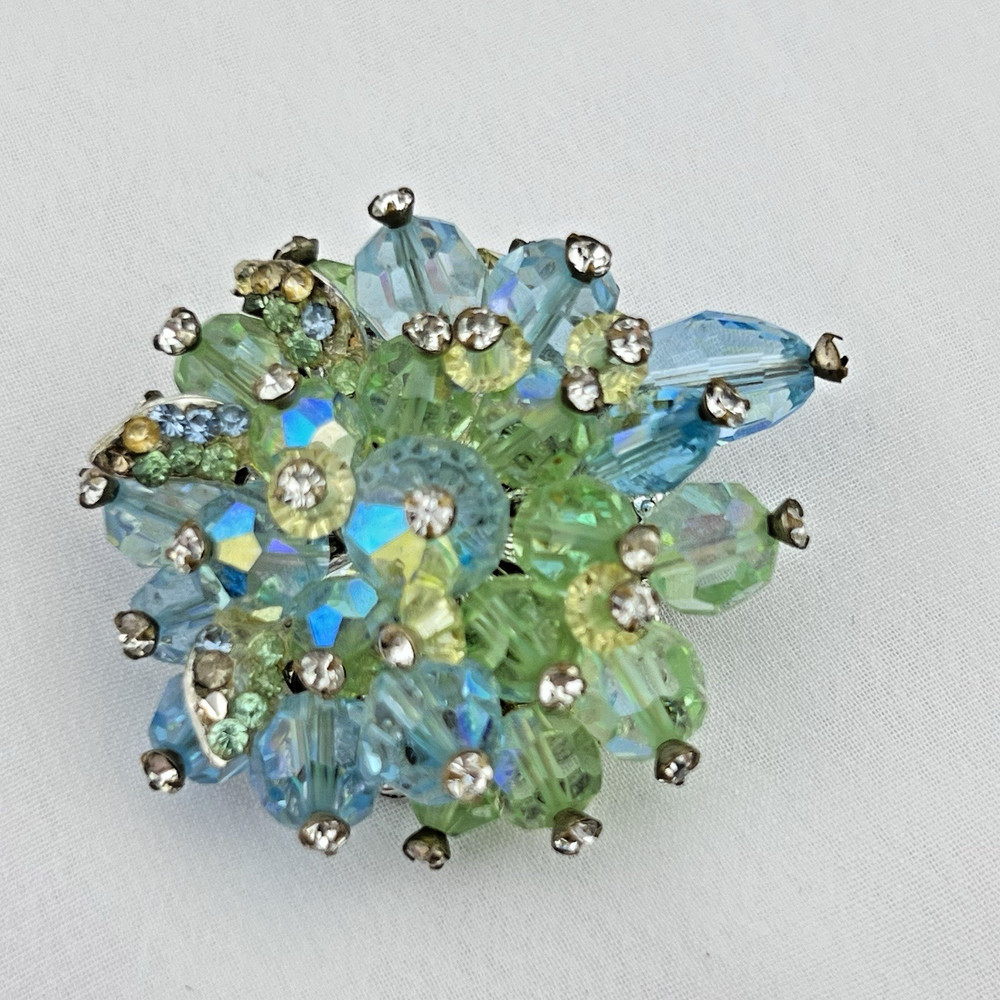 Vintage Vendome Brooch Pin Cluster Snowflake Green Austrian Bead Mid Century