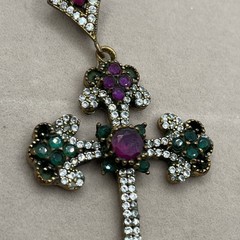 Antique Simulated Green Emerald Cross Pendant Sterling Silver & Gold 14g